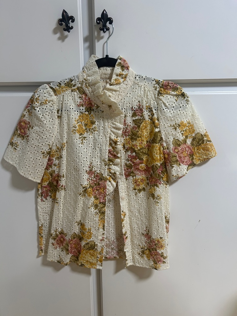 Sezane Cream Eyelet Blouse with Yellow & Pink Floral Print